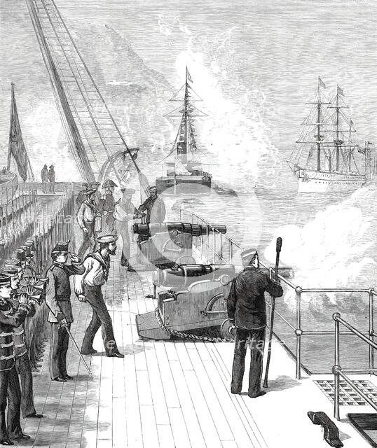 Arrival of H.M.S. Serapis with the Prince of Wales at Gibraltar: H.M.S. Swiftsure...1876. Creator: Unknown.