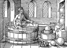 Archimedes (c287-212 BC), Ancient Greek mathematician and inventor, in his bath. Artist: Unknown