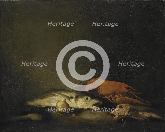 Still life with fish and a lobster, 1850-1891. Creator: Theodule Ribot.