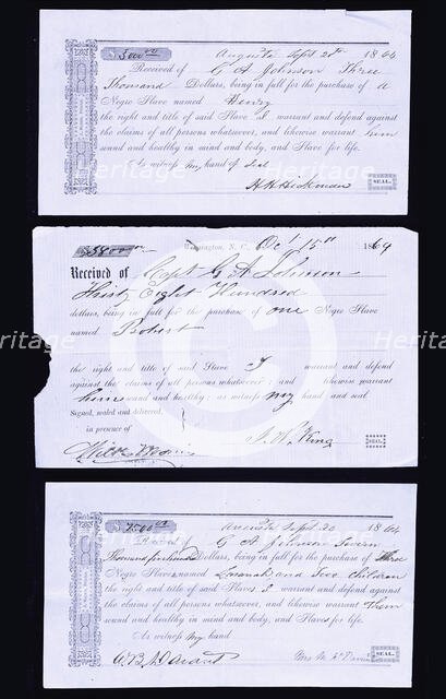 Slave bills of sale; Three sales receipts issued in New Orleans, Louisiana, 1861. Creator: Unknown.