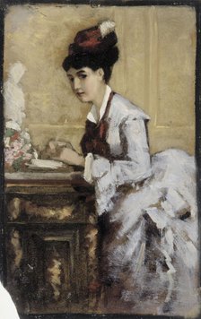 The writing woman, composition exercise I for the painting Rococo, 1874. Creator: Albert Edelfelt.