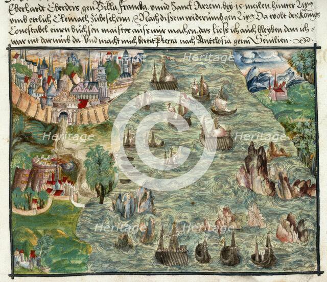 View of Lisbon, with ships tossed about in the treacherous waters of the inlet,, 1560-1632. Creator: Unknown.