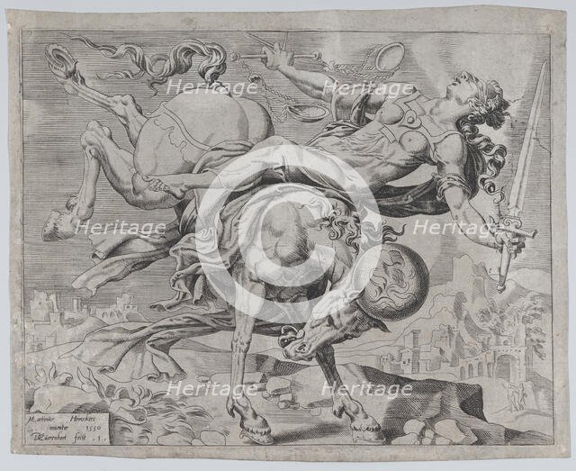 The World Disposing of Justice, from The Unrestrained World, plate 1, 1550. Creator: Dirck Volkertsen Coornhert.