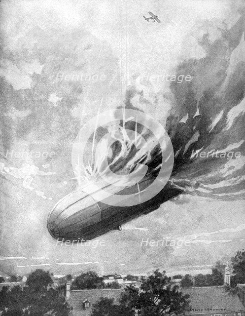 Zeppelin destroyed by an English aviator, 1915. Artist: Lemonier