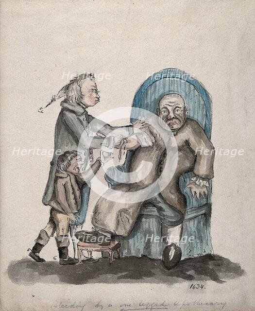 A surgeon-apothecary bleeding a patient, his servant boy catches the drops. Creator: Unknown.