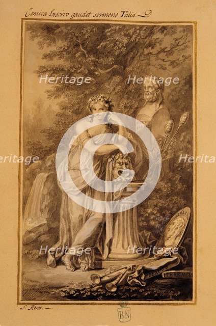  'Talia', Muse of Comedy, pen and wash color drawing by Luis Peret.