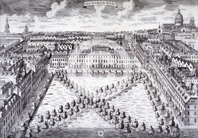 Bird's-eye view of Charterhouse Square, Finsbury, London, c1750. Artist: Sutton Nicholls