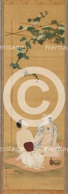 Enjoying the Evening Cool under a Gourd Trellis, early 19th century. Creator: Utagawa Toyohiro.