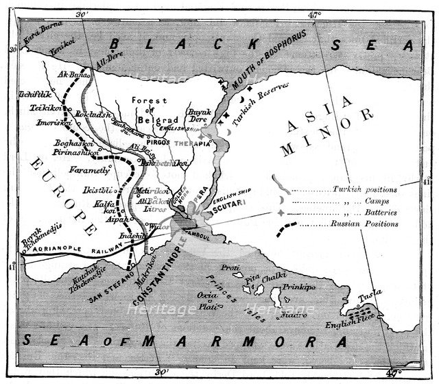 A map showing the positions of Russian and Turkish lines outside Constantinople, 1900. Artist: Unknown