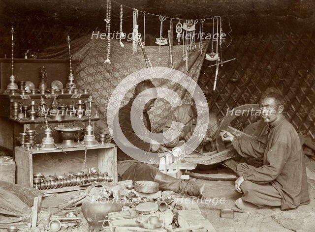 Buryat mechanics making "burkhanov" - Buryat goods, 1895-1939. Creator: L Veniukov.