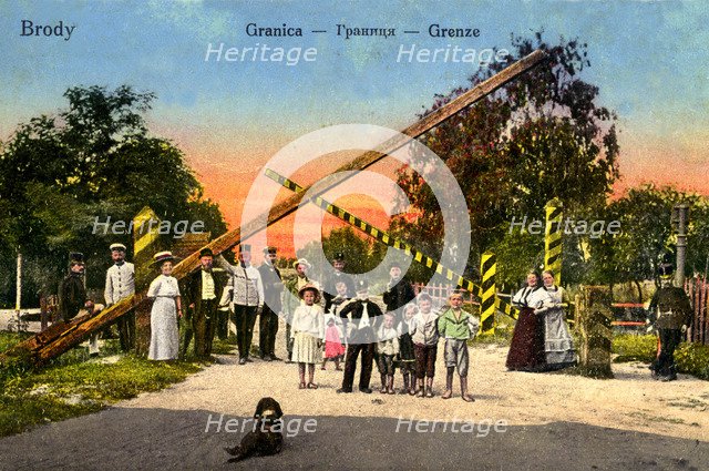 Border passage between Austrian and Russian empires at Brody , c. 1910.