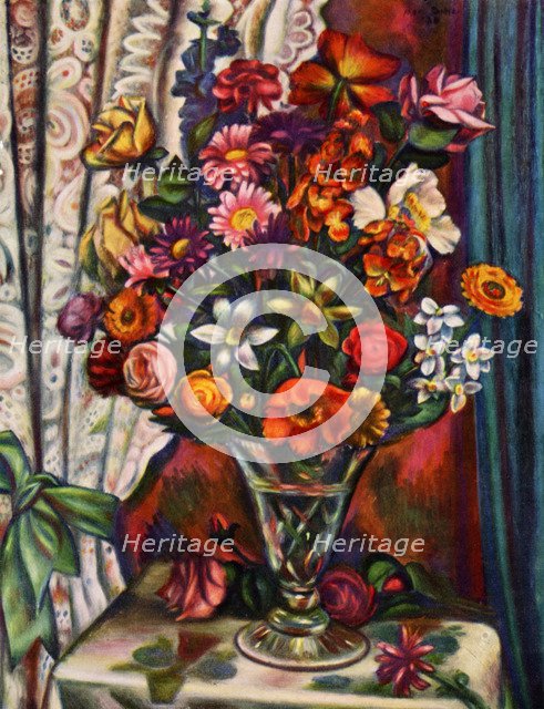Still life of flowers in a silver vase, 1930.Artist: Mark Gertler