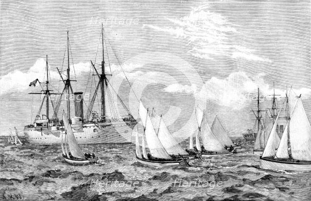 Regatta at Zanzibar - sailing pinnace race: rounding H.M.S. Brisk, 1890. Creator: Unknown.