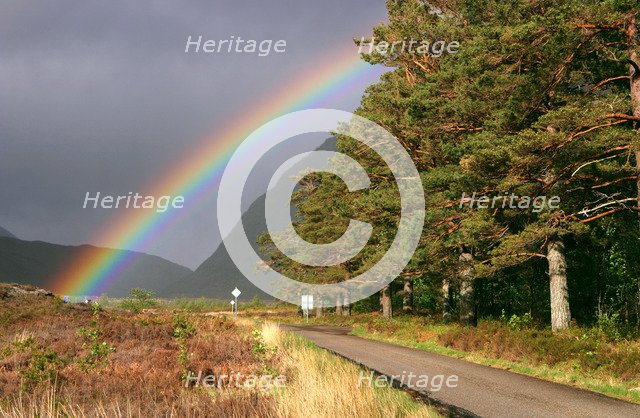 Rainbow over the road from Ullapool to Torridon, Highland, Scotland.
