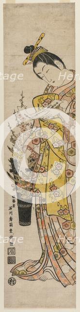 Courtesan Reading a Poem Slip Tied to Flowers in a Vase, mid-1740s. Creator: Ishikawa Toyonobu (Japanese, 1711-1785).