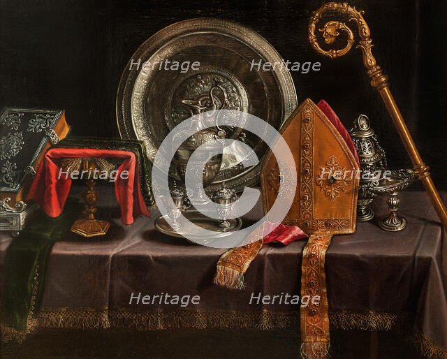 Still life with Bishop Insignia and silver, First Half of 17th cen.. Creator: Barbieri; Paolo Antonio (1603-1649).