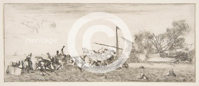Naval battle, a rowboat filled with people fighting with muskets to left, people drown..., ca. 1641. Creator: Stefano della Bella.