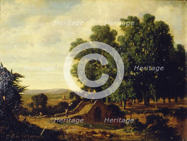  'Landscape with a bridge and figures', 1869, by Joaquim Cabanyes.