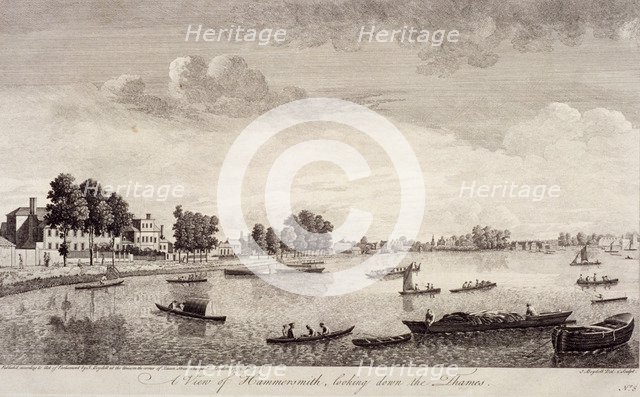 View of Hammersmith with water craft on the River Thames, Hammersmith, 1752. Artist: John Boydell