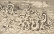 Hercules fight adragon in the centre, Achelous carrying off Deianeira upper left, 1531-76. Creator: Giulio Bonasone.