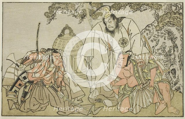 The Actors Nakajima Mihoemon II as Aramaki Mimishiro (right), Matsumoto Koshiro II as..., c. 1772. Creator: Shunsho.
