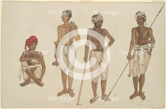 Four Recruits in White Dhotis, page from the Fraser Album, Company School, c. 1815/16. Creator: Unknown.