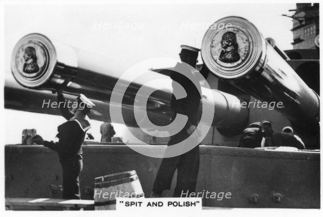 Sailors polishing the 16 inch guns of HMS 'Nelson', 1937. Artist: Unknown
