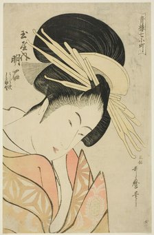 Akashi of the Tamaya, from the series Seven Komachis of Yoshiwara (Seiro nana..., c. 1794/95. Creator: Kitagawa Utamaro.