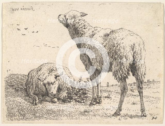 Two sheep, one shown frontally in a reclining position with its legs folded underneath..., ca. 1655. Creator: Karel Du Jardin.