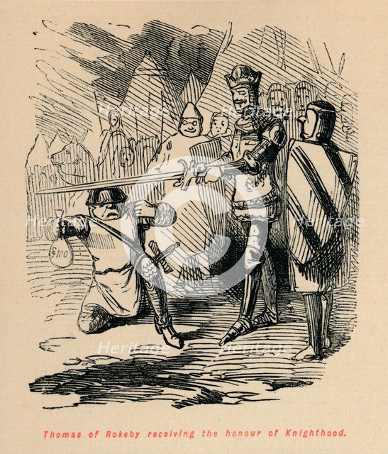 'Thomas of Rokeby receiving the honour of Knighthood', c1860, (c1860). Artist: John Leech.