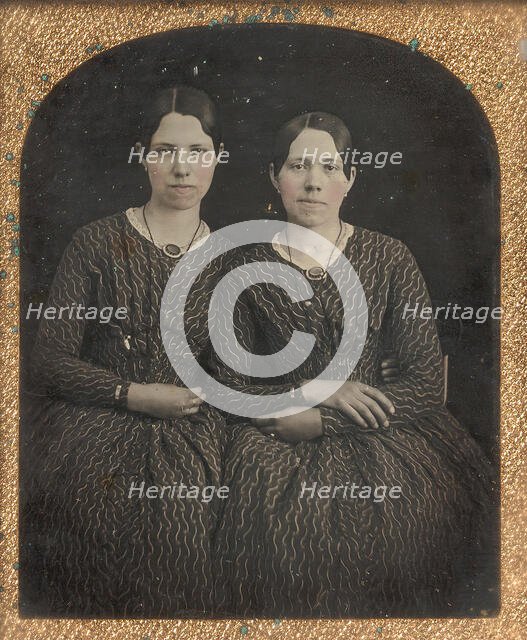 Two Seated Young Women Identically Dressed, 1840s. Creator: Unknown.