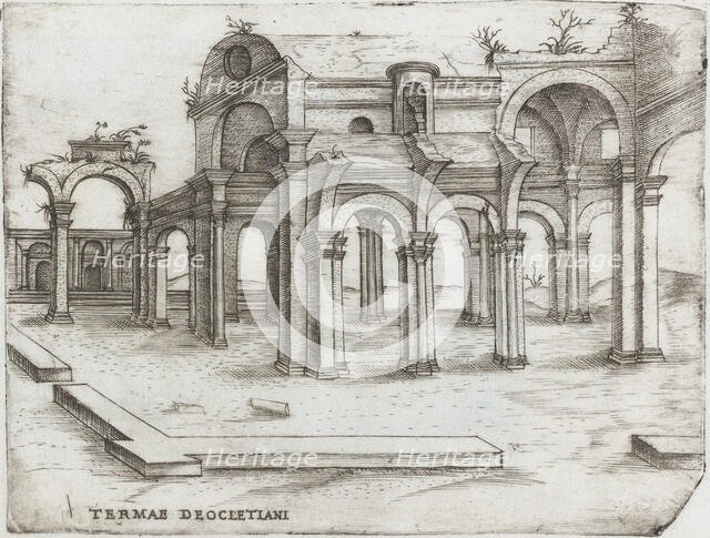 Sepulchrum Adriani, from a Series of Prints depicting (reconstructed) Build..., Plate ca. 1530-1550. Creator: Master GA.