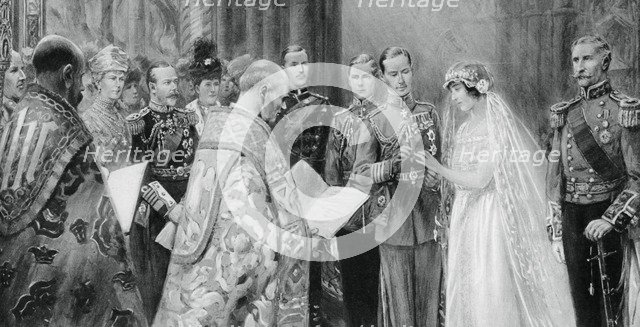 The Duke of York placing the ring on Lady Elizabeth Bowes-Lyon's finger, 26 April 1923, (1937). Creator: Unknown.