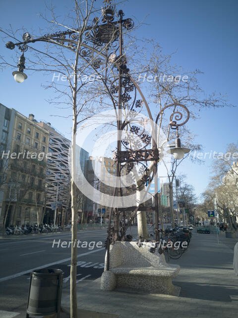 Elaborate art nouveau style lamppost on Passeig de Gracia, Barcelona's main boulevard, Spain, 2020. Creator: Ethel Davies.