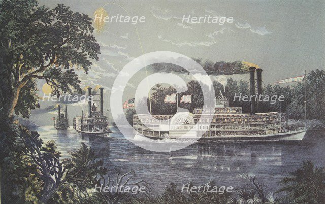 Rounding A Bend On The Mississippi, Steamboat Queen of the West,  pub. 1866