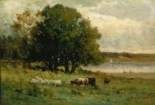 Untitled (cattle near river with sailboat in distance), n.d. Creator: Edward Mitchell Bannister.