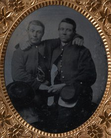 Two Union Soldiers Holding Hands, Arms Around Each Other's Shoulders, 1860s. Creator: Unknown.