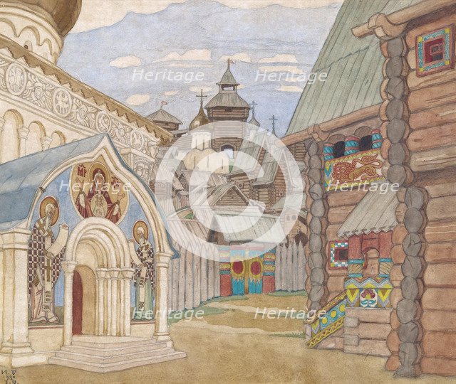 Russian Village. Stage design for the opera The Tale of Tsar Saltan by N. Rimsky-Korsakov. Artist: Bilibin, Ivan Yakovlevich (1876-1942)