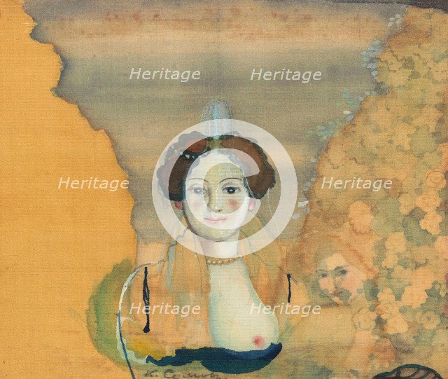 Young lady with a garden beyond.