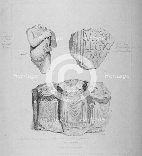 Remains of two Roman statues and an inscription on stone, 1850. Artist: John Wykeham Archer