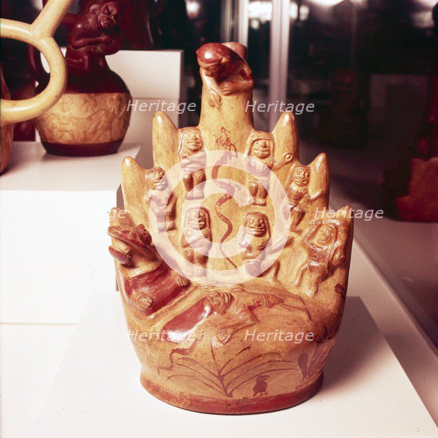 Mountain Sacrifice, Painted stirrup-spout vessel, Mochica Culture, Peru, 1-750. Artist: Unknown.