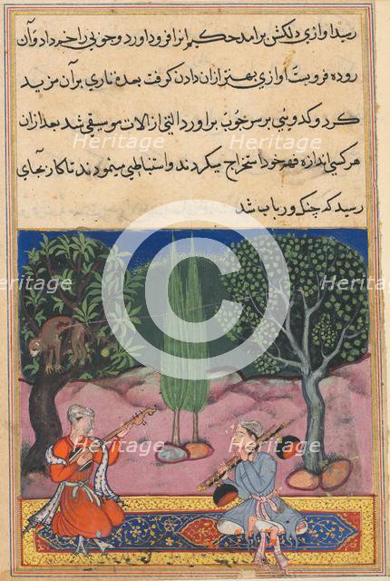Page from Tales of a Parrot (Tuti-nama): Fourteenth night: The invention of musical..., c. 1560. Creator: Unknown.