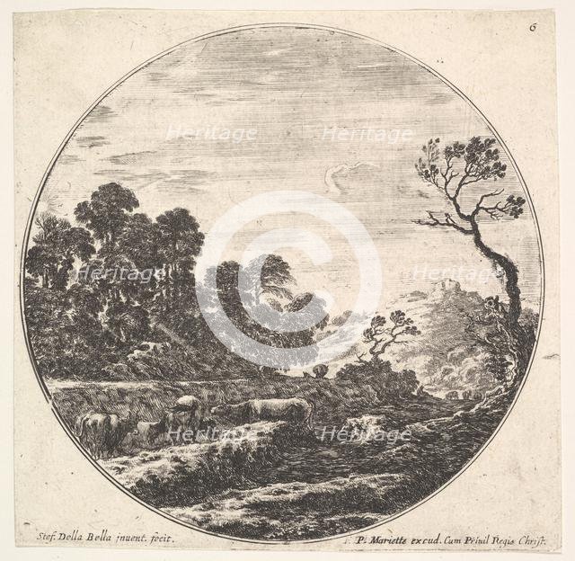 Plate 6: cows crossing a valley to left, a group of trees to left, a horseman and o..., ca. 1643-48. Creator: Stefano della Bella.