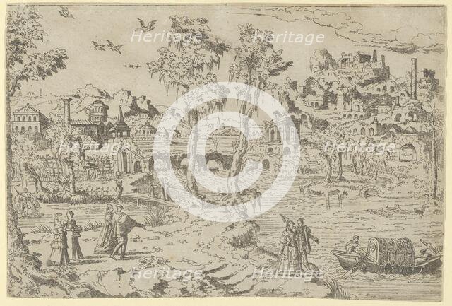 Landscape with ruins, courtiers, and a gondola, 1526-50. Creator: Leon Davent.