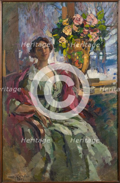 Woman with bouquet of roses, 1921.