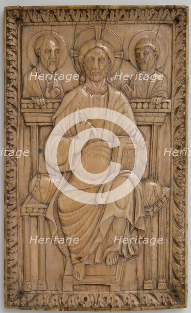 Plaque with Christ enthroned with two Apostles, Carolingian, 850-875. Creator: Unknown.