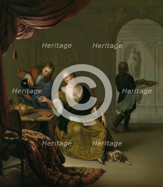 The Neglected Lute (A Lady with a Lute Taking Wine in a Rich Interior), 1705. Creator: Mieris, Willem van (1662-1747).