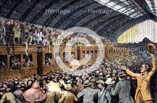 Morocco's War (1909-1913), the people of Madrid says goodbye to the regiment of Savoy, drawing of…