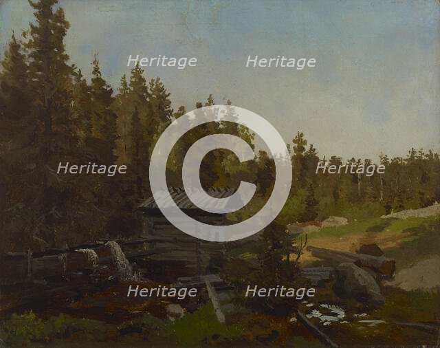 A water mill in a Finnish forest, 1857. Creator: Werner Holmberg.