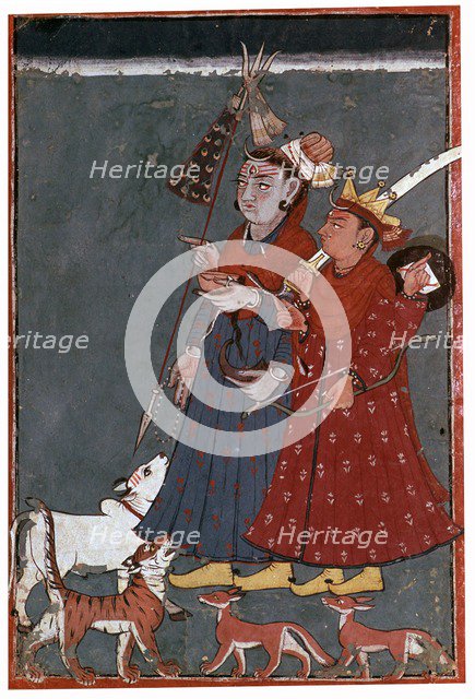 Painting of the gods Siva and Khrishna accompanied by a bull, tiger, and jackals. Artist: Unknown